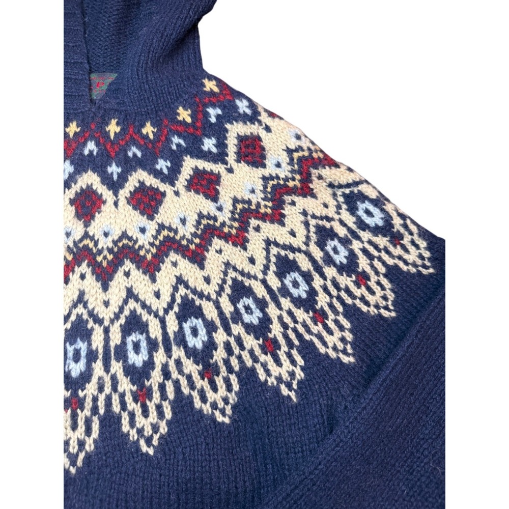 Vintage Ralph Lauren Hand Knit Fair Isle Hoodie Womens M Navy Wool Sweater - Picture 3 of 14